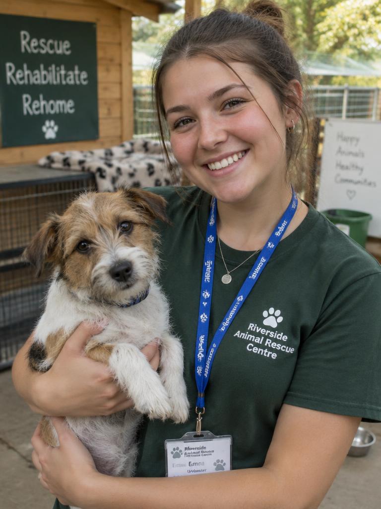 A young woman holding a dog at an animal rescue centre